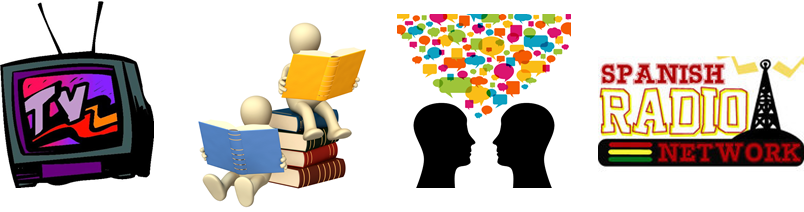 image of TV, books, people talking and radio