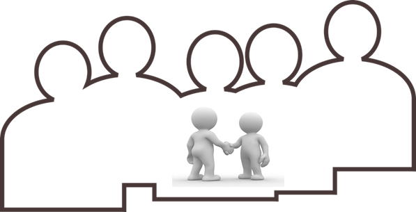 cartoon crowd and pair shaking hands